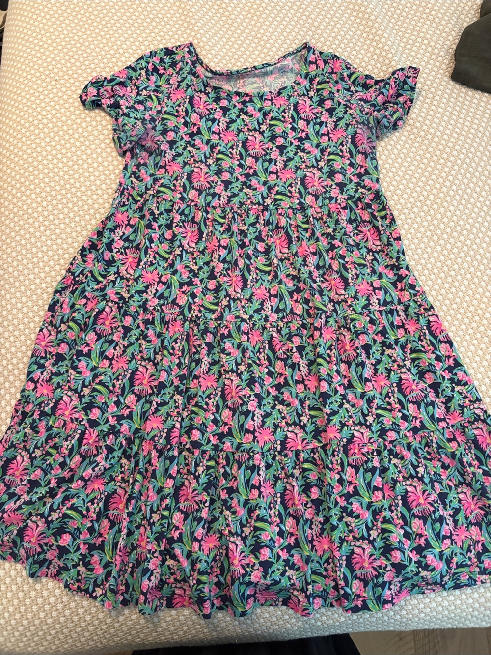 Navy Floral Tiered Dress - Pink & Green Print